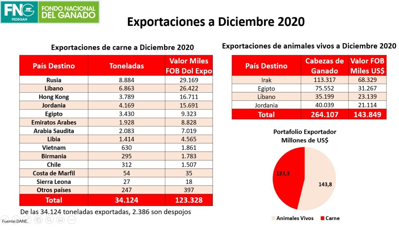 Otros países que compraron carne 100 % colombiana fueron Jordania, Egipto, Emiratos Árabes, Arabia Saudita, Libia, Vietnam, Birmania, Chile, Costa de Marfil y Sierra Leona, entre otros.