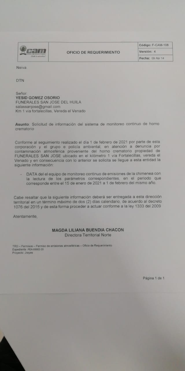 Autoridades ambientales realizarán los respectivos requerimientos a la entidad fúnebre.