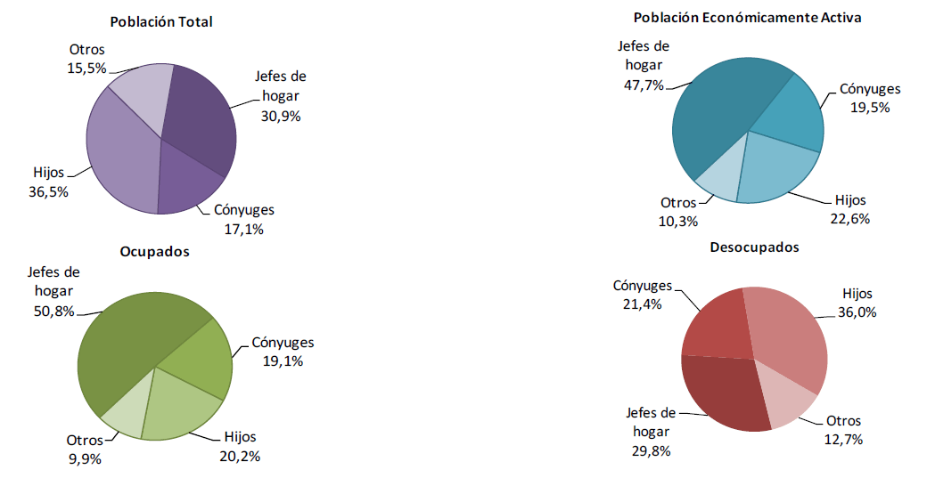 Distribución de población total, económicamente activa, ocupada y desocupada por parentesco.