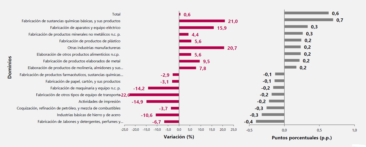 Esta fue la variación y contribución anual de la producción real según los principales dominios (Febrero 2021/2020)