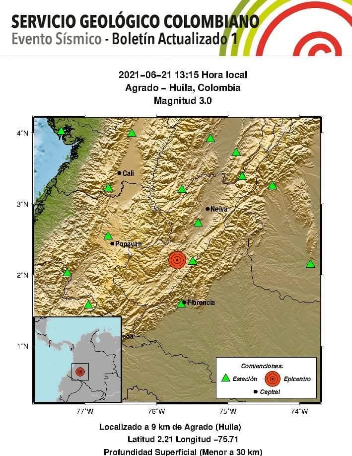 Nuevo temblor en el Huila, con epicentro en El Agrado