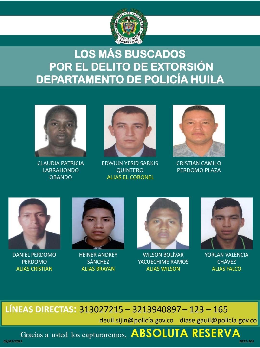 Policía presenta el cartel de los más buscados por extorsión en el Huila